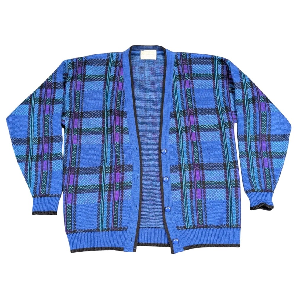 Pendleton Vintage Wool Cardigan Sweater Womens Medium Blue Purple Plaid USA Made